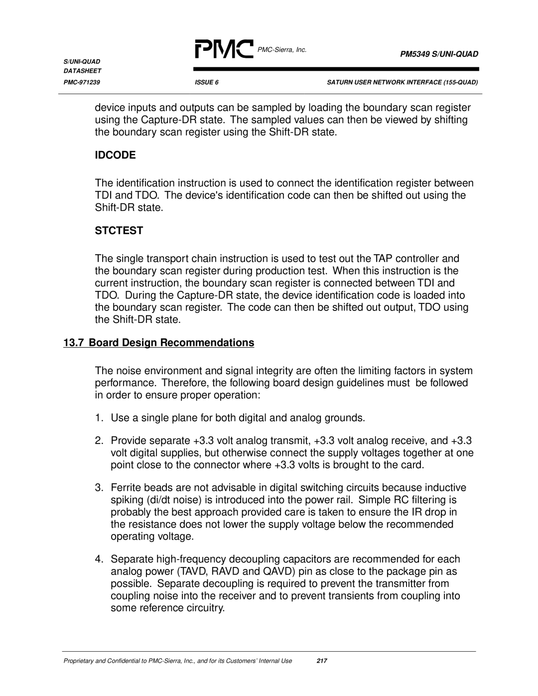 PMC-Sierra PM5349 manual Idcode, Stctest, Board Design Recommendations 