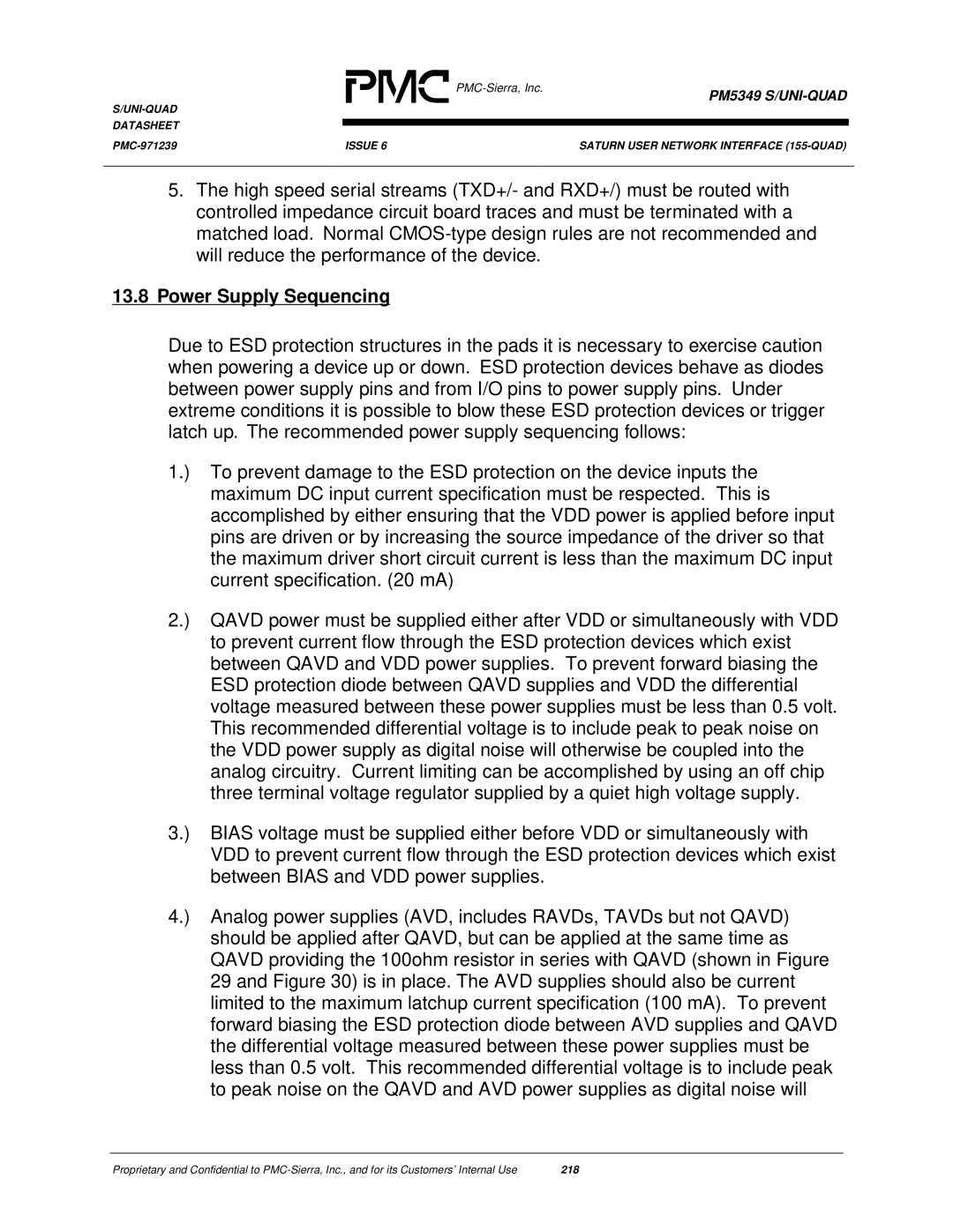 PMC-Sierra PM5349 manual Power Supply Sequencing 