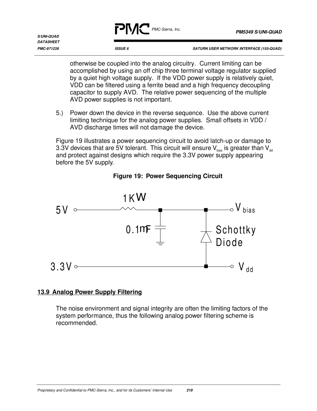 PMC-Sierra PM5349 manual Power Sequencing Circuit, Analog Power Supply Filtering 