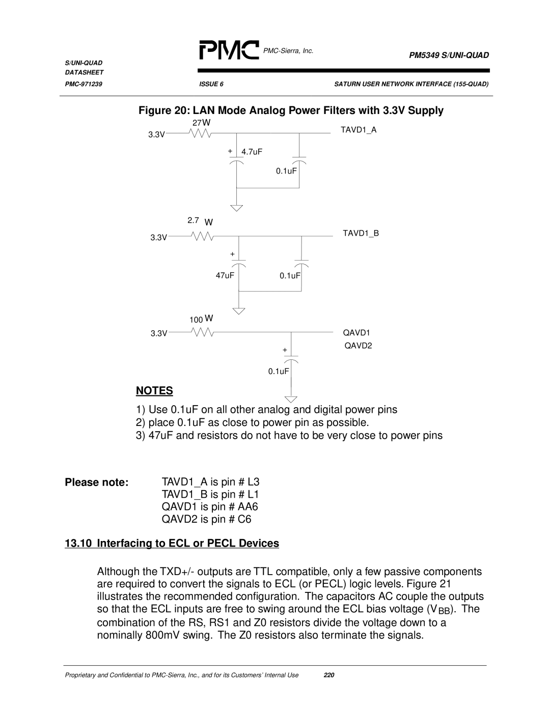 PMC-Sierra PM5349 manual LAN Mode Analog Power Filters with 3.3V Supply, Interfacing to ECL or Pecl Devices 