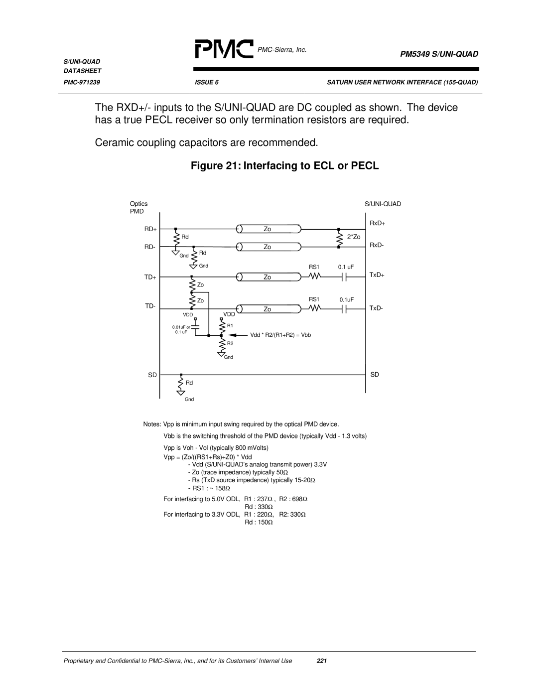 PMC-Sierra PM5349 manual Interfacing to ECL or Pecl 