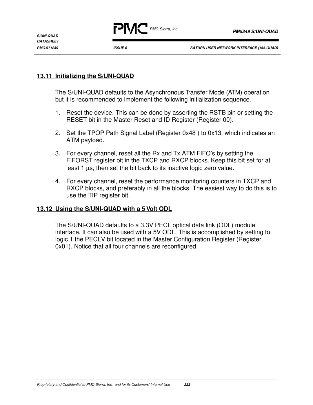 PMC-Sierra PM5349 manual Initializing the S/UNI-QUAD, Using the S/UNI-QUAD with a 5 Volt ODL 