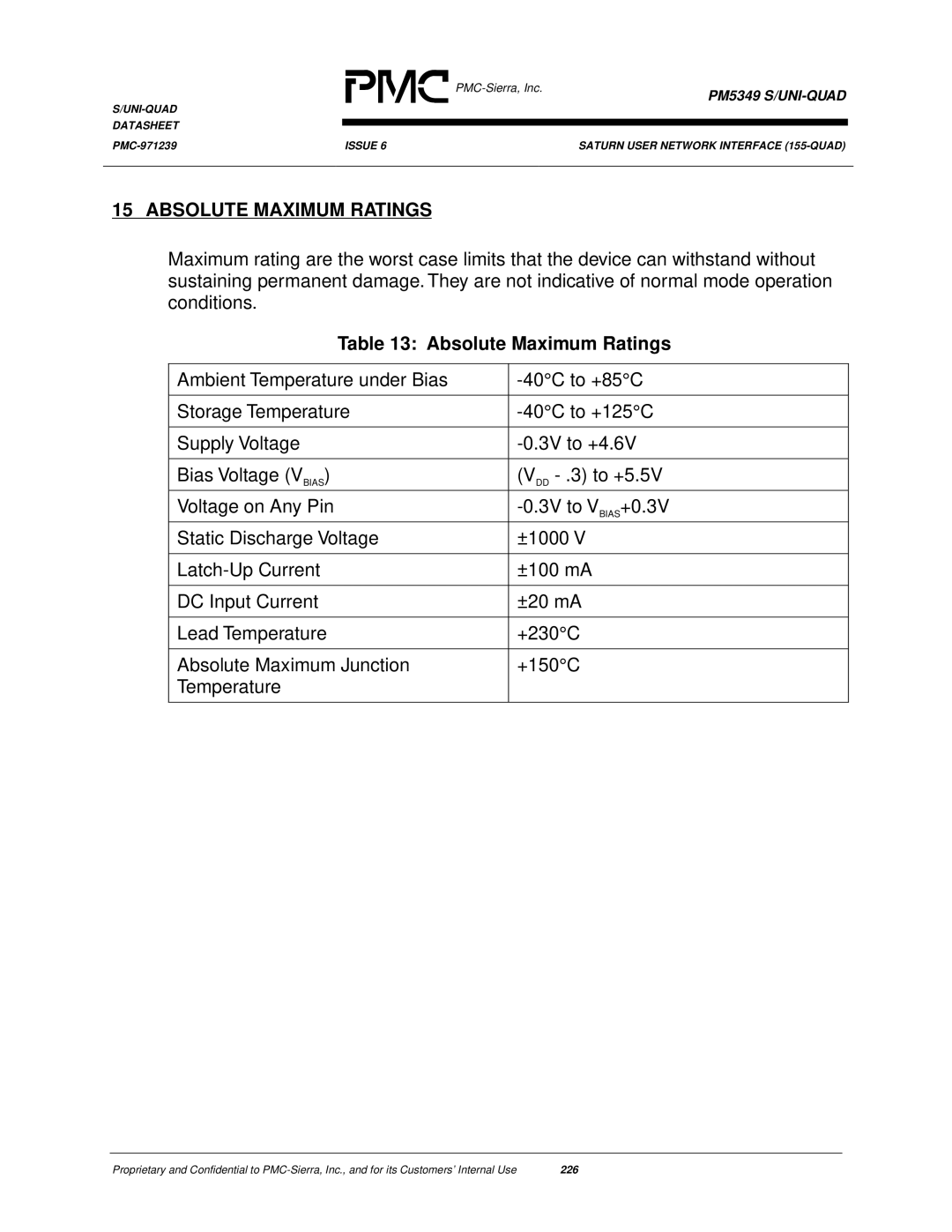 PMC-Sierra PM5349 manual Absolute Maximum Ratings 