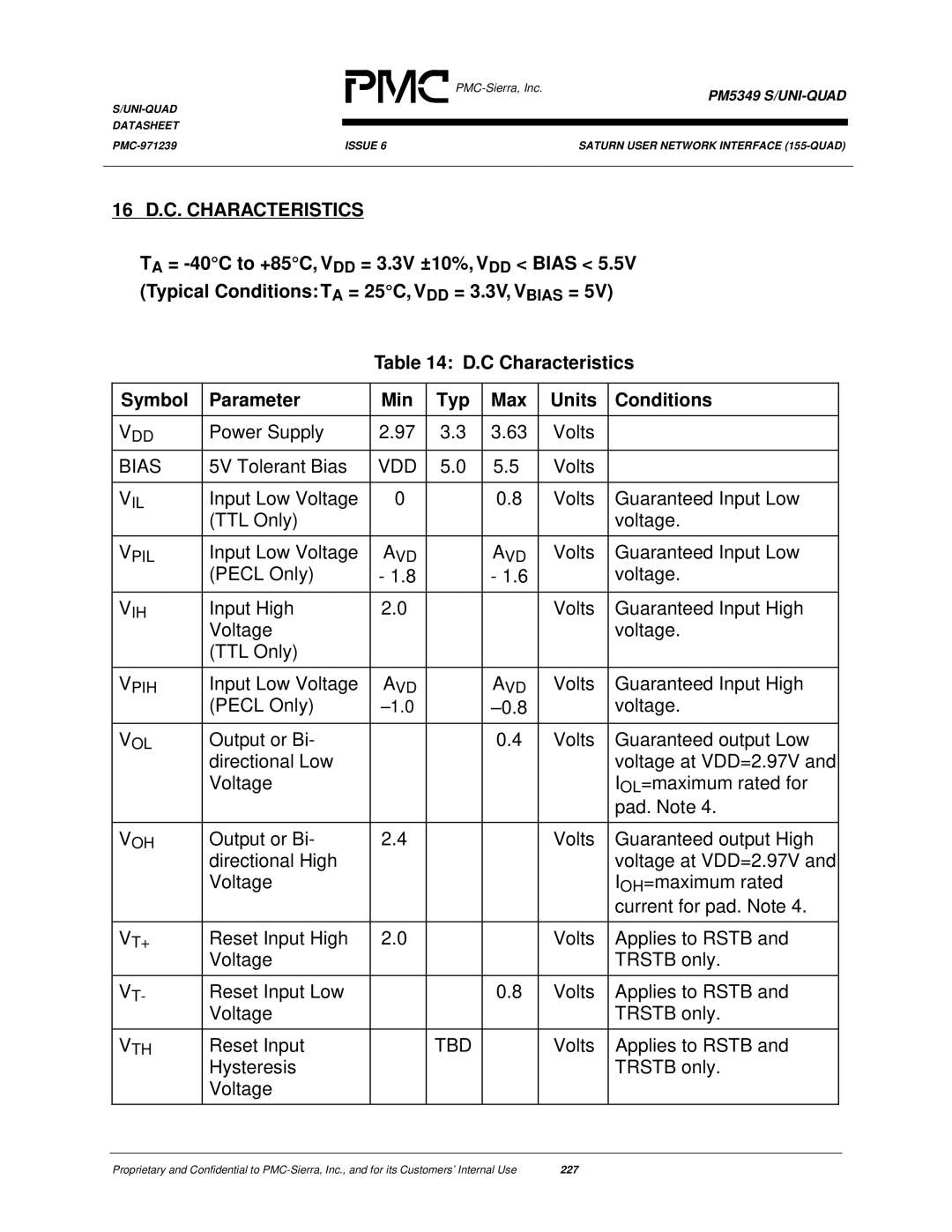 PMC-Sierra PM5349 manual 16 D.C. Characteristics, Tbd 