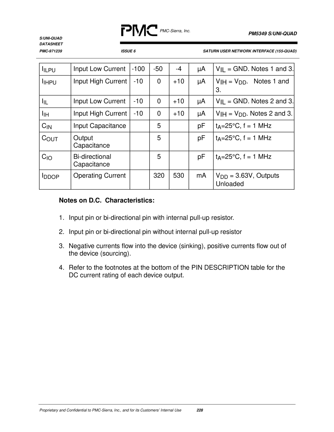 PMC-Sierra PM5349 manual Input Low Current 100 VIL = GND. Notes 1, Input High Current +10 VIH = VDD. Notes 1 