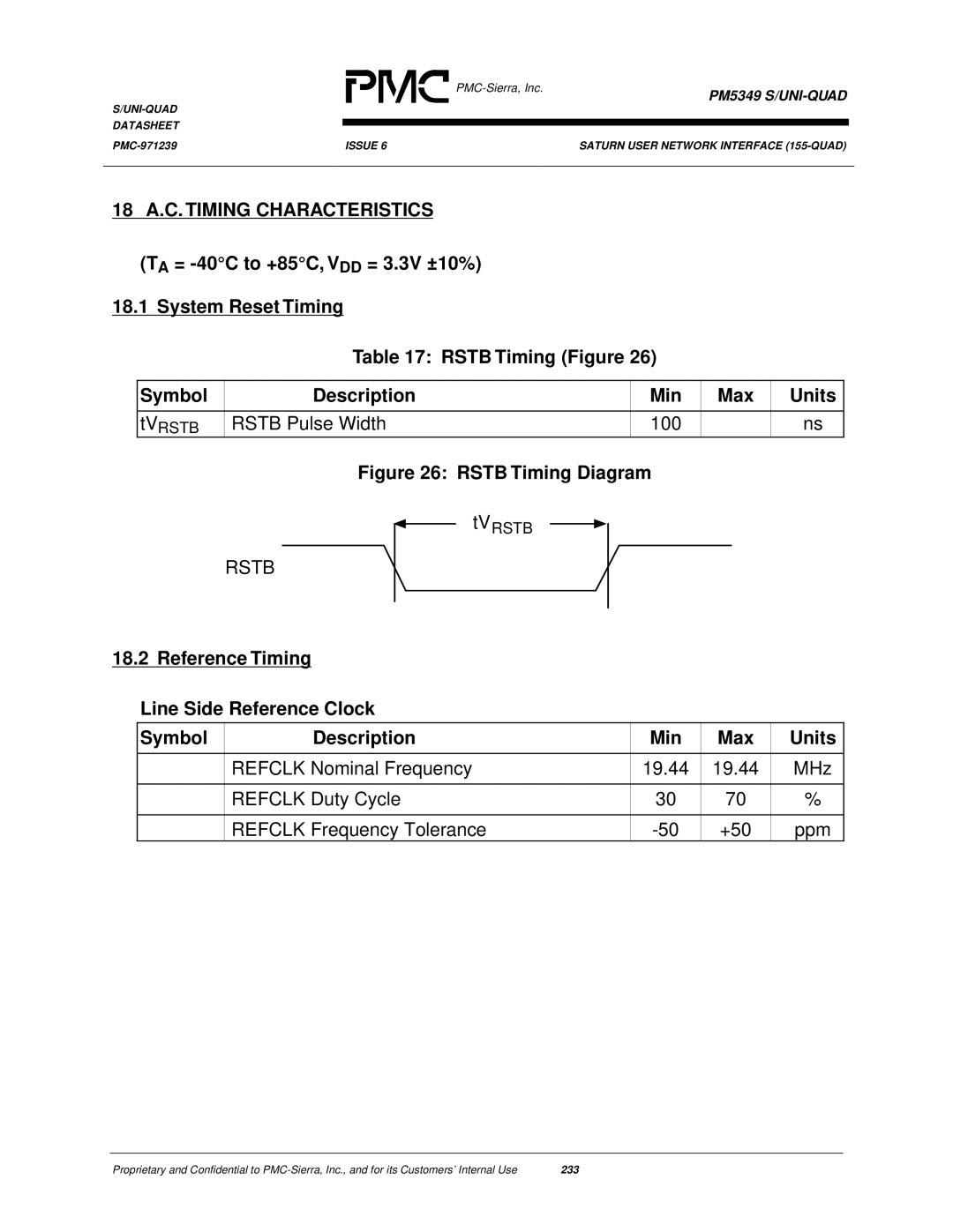 PMC-Sierra PM5349 manual 18 A.C. Timing Characteristics, Rstb Pulse Width 100 