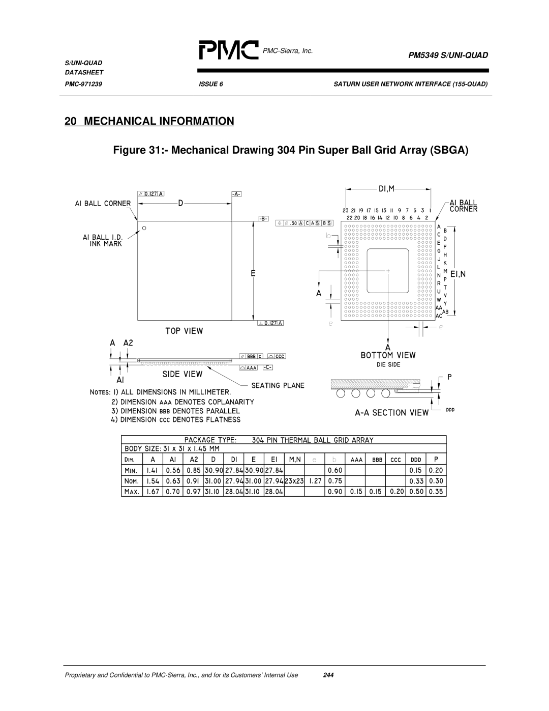 PMC-Sierra PM5349 manual Mechanical Information, Mechanical Drawing 304 Pin Super Ball Grid Array Sbga 