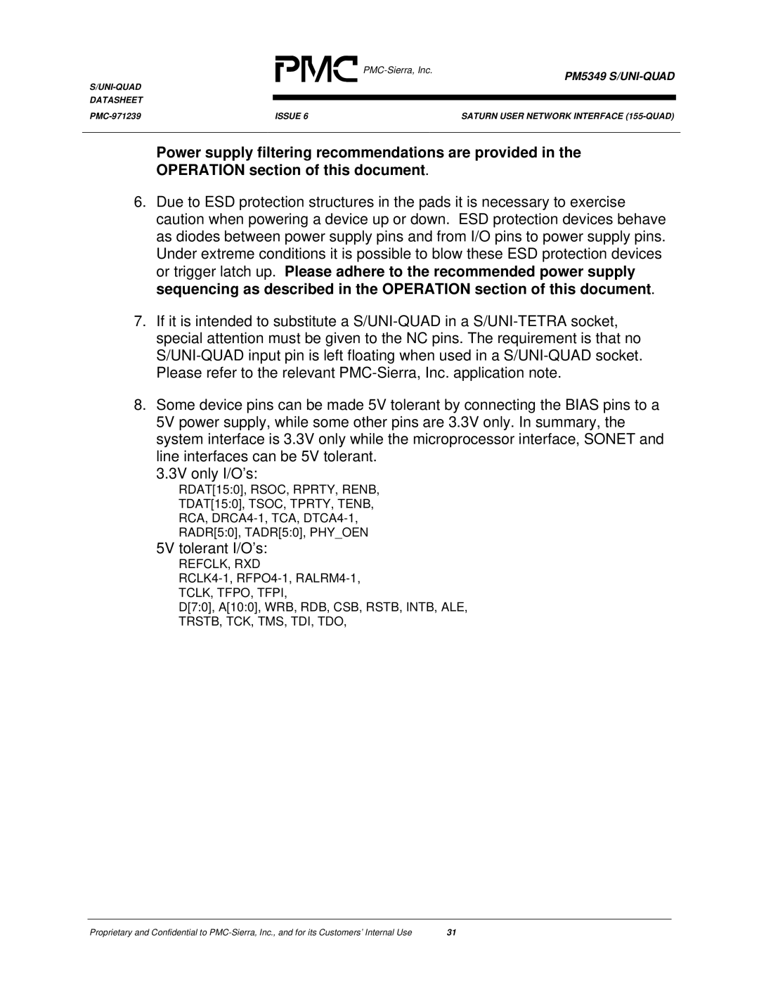 PMC-Sierra PM5349 manual 5V tolerant I/O’s, Trstb, Tck, Tms, Tdi, Tdo 