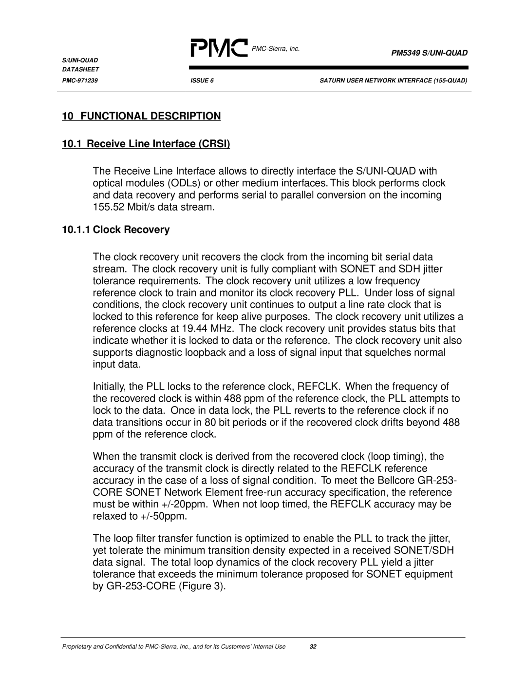 PMC-Sierra PM5349 manual Functional Description, Receive Line Interface Crsi, Clock Recovery 