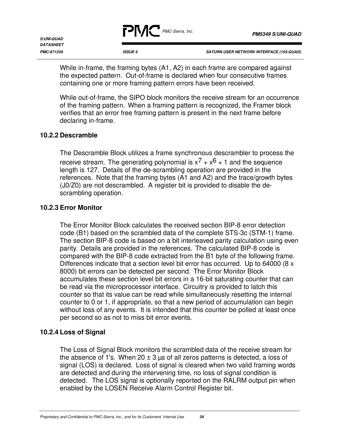 PMC-Sierra PM5349 manual Descramble, Error Monitor, Loss of Signal 