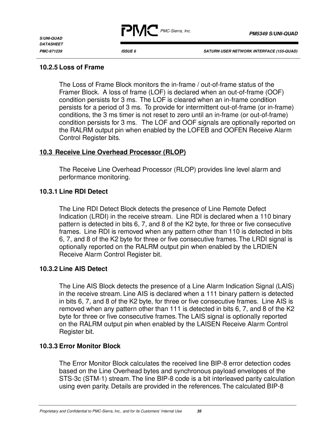 PMC-Sierra PM5349 manual Loss of Frame, Receive Line Overhead Processor Rlop, Line RDI Detect, Line AIS Detect 