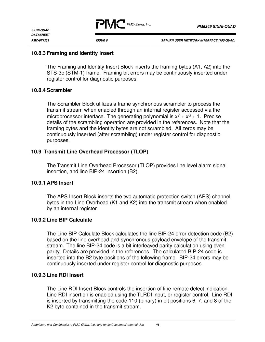 PMC-Sierra PM5349 manual Framing and Identity Insert, Scrambler, Transmit Line Overhead Processor Tlop, APS Insert 