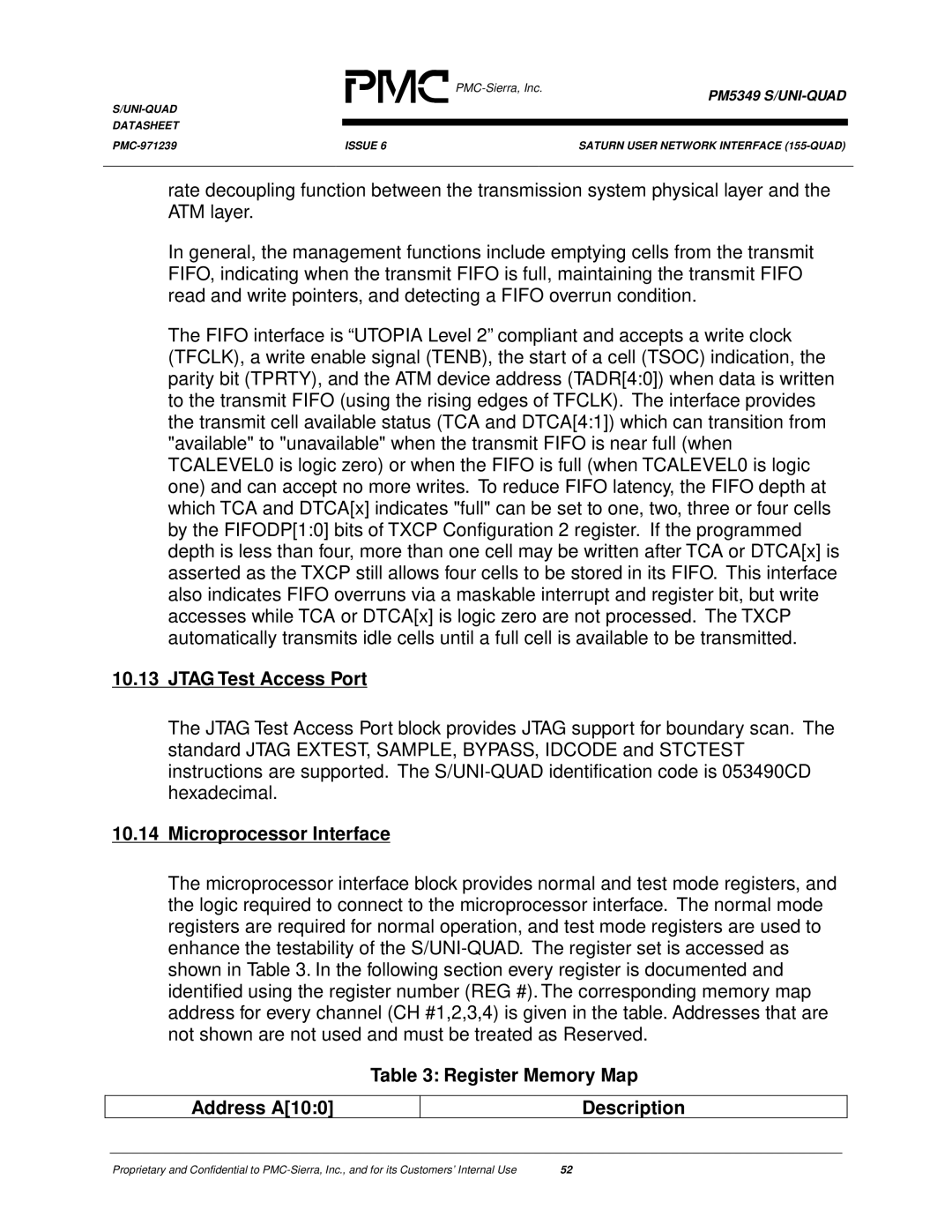 PMC-Sierra PM5349 manual Jtag Test Access Port, Microprocessor Interface, Register Memory Map 