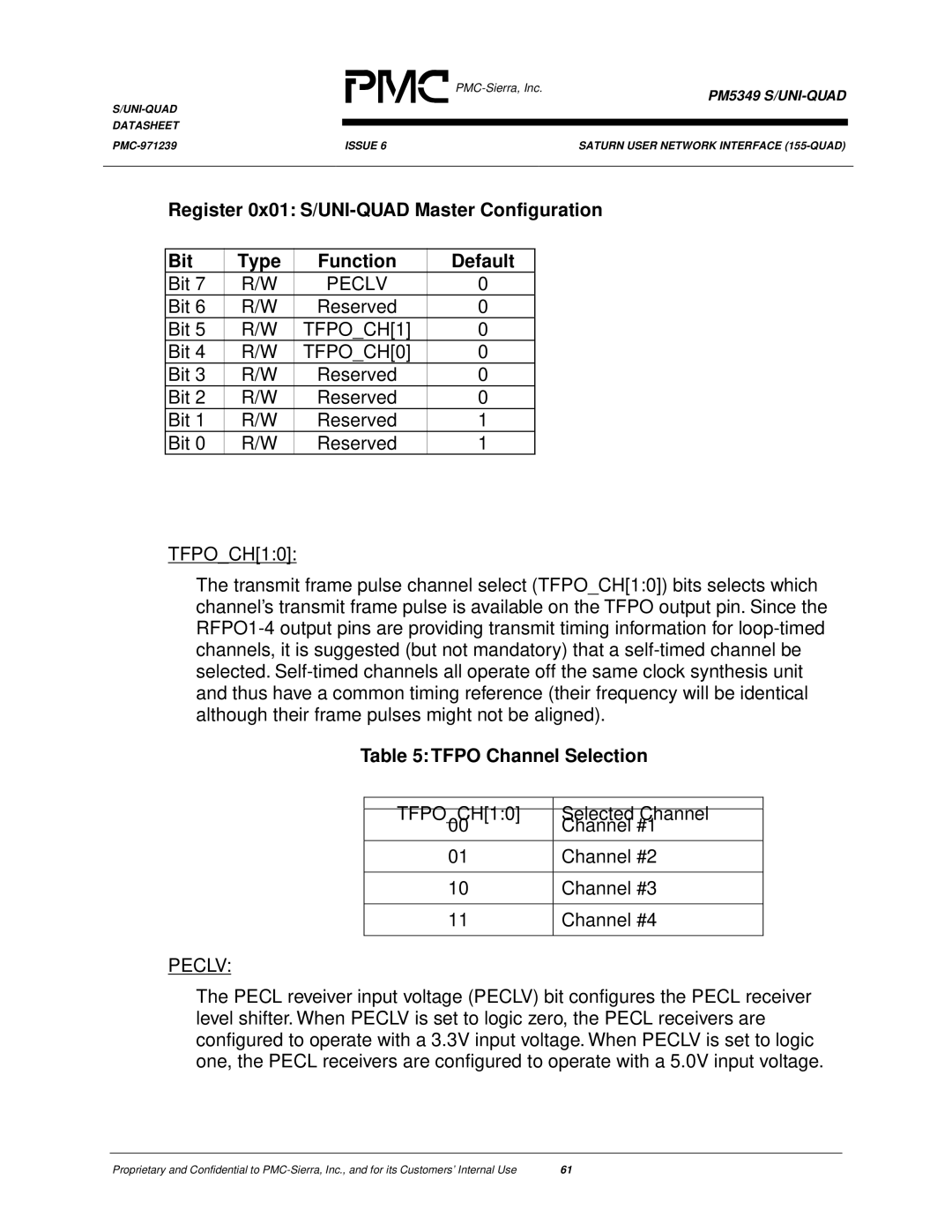 PMC-Sierra PM5349 manual Bit Reserved, TFPOCH1, TFPOCH0, Tfpo Channel Selection, Peclv 