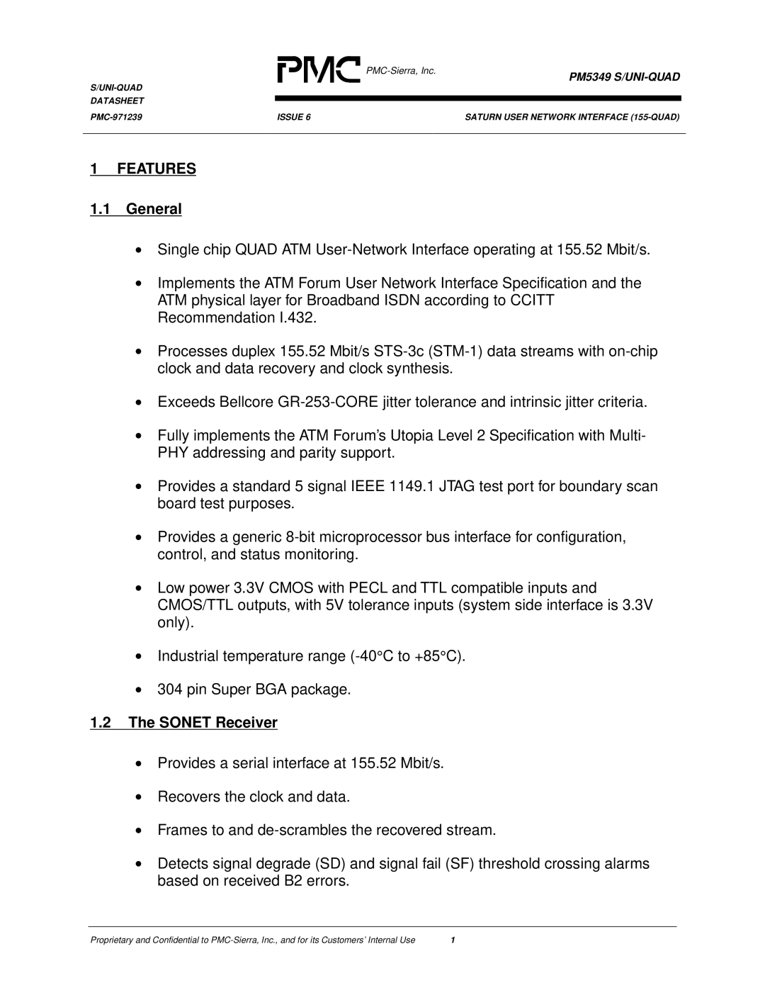 PMC-Sierra PM5349 manual Features, General, Sonet Receiver 