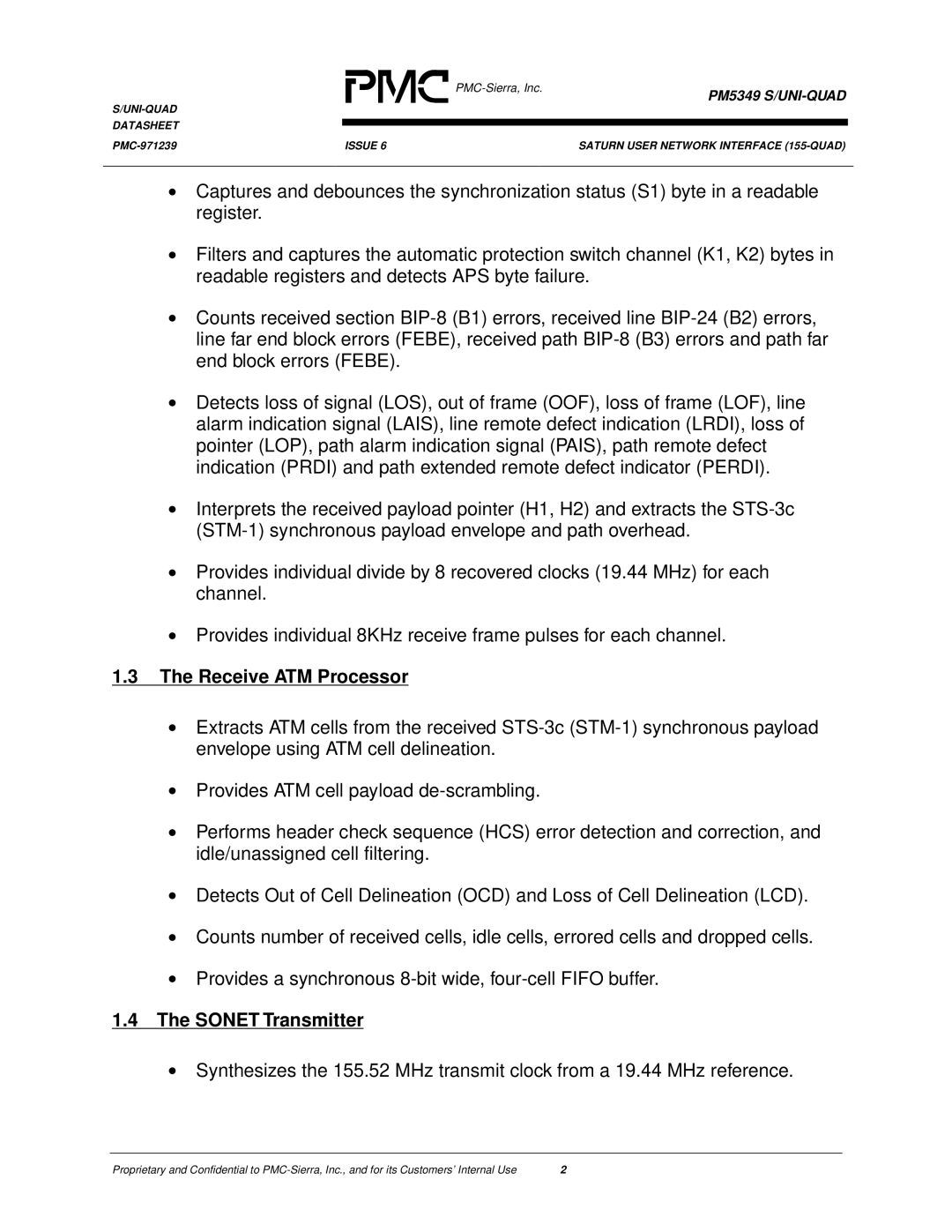 PMC-Sierra PM5349 manual Receive ATM Processor, Sonet Transmitter 