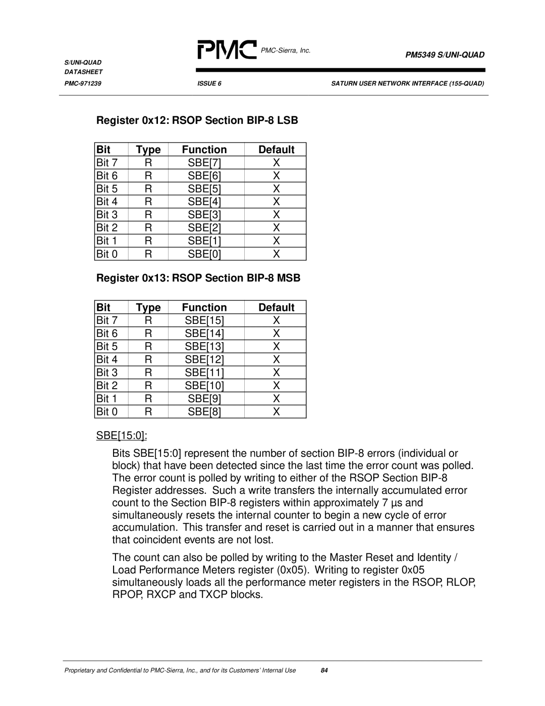 PMC-Sierra PM5349 manual Bit SBE7 SBE6 SBE5 SBE4 SBE3 SBE2 SBE1 SBE0, Register 0x13 Rsop Section BIP-8 MSB 