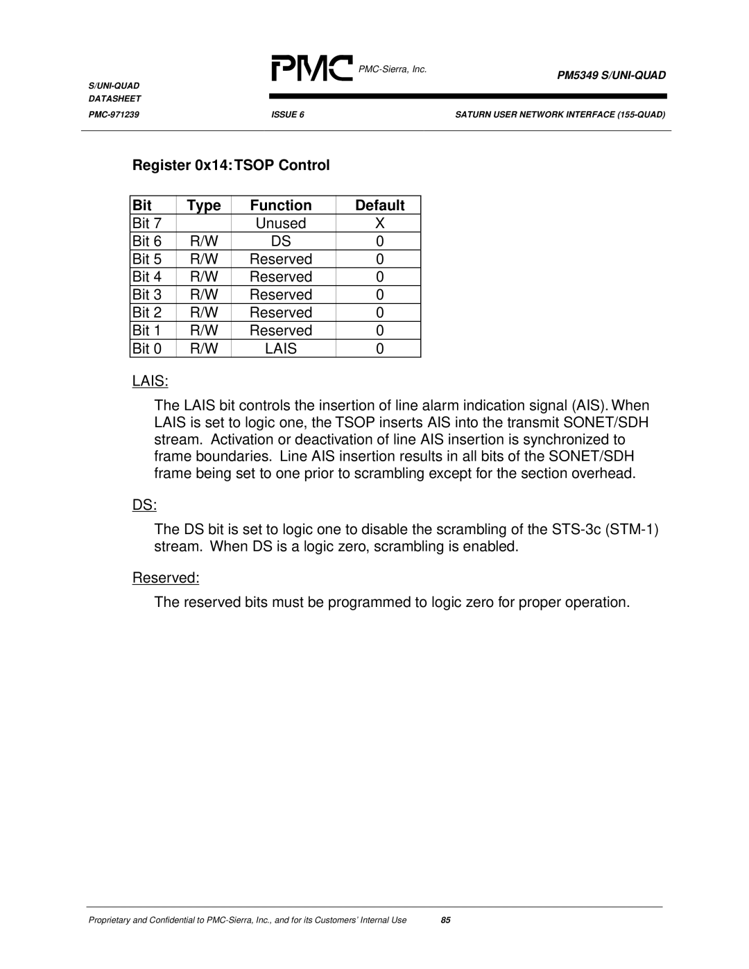 PMC-Sierra PM5349 manual Register 0x14 Tsop Control Bit Type Function Default, Lais 