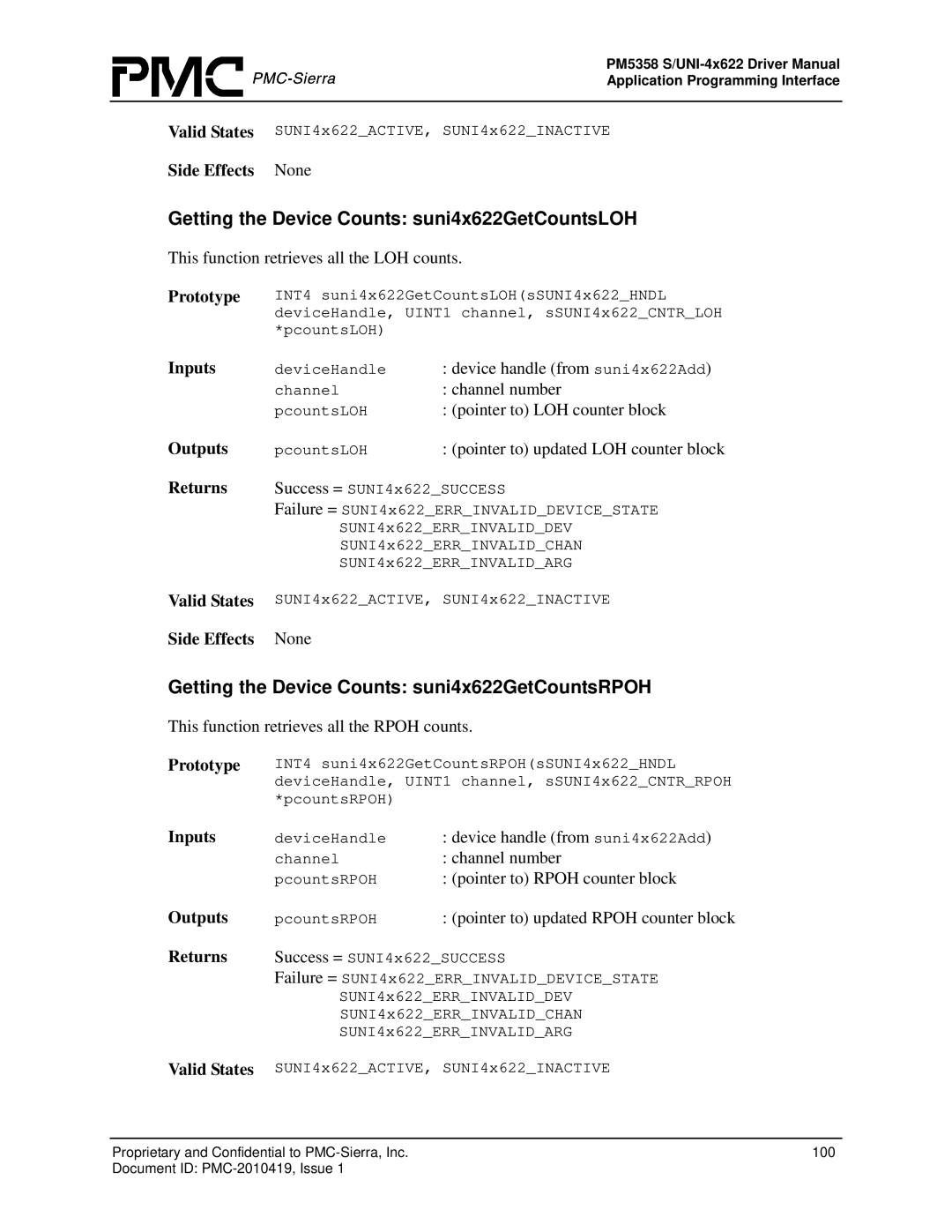 PMC-Sierra PM5358 S/UNI 4x622 manual Getting the Device Counts suni4x622GetCountsLOH 