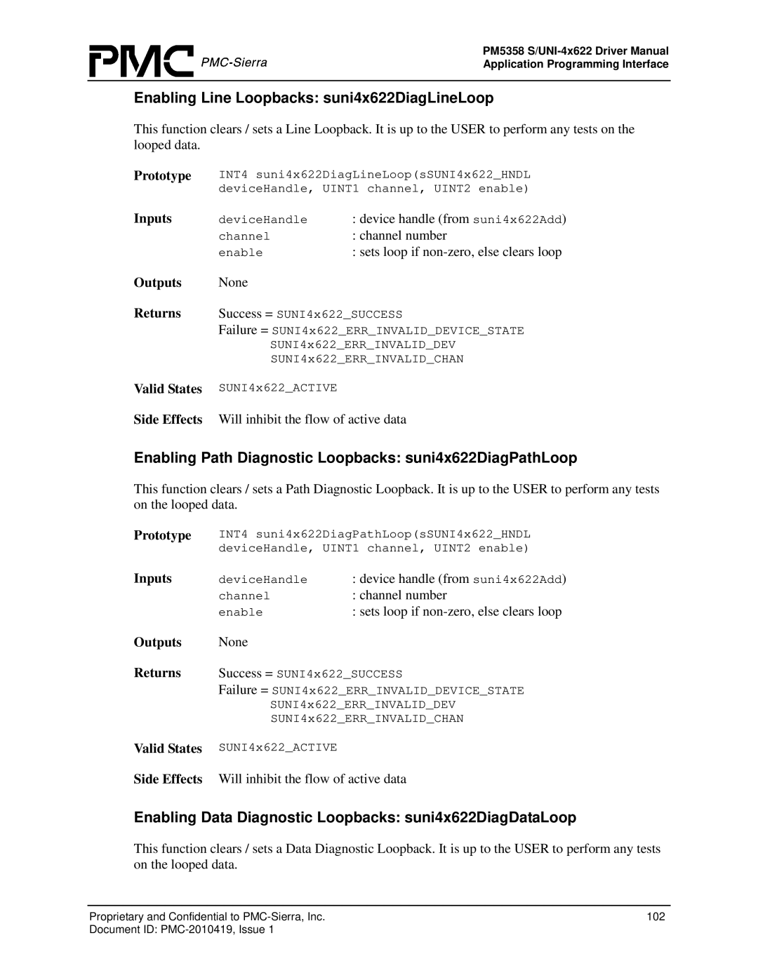 PMC-Sierra PM5358 S/UNI 4x622 manual Enabling Line Loopbacks suni4x622DiagLineLoop, Sets loop if non-zero, else clears loop 