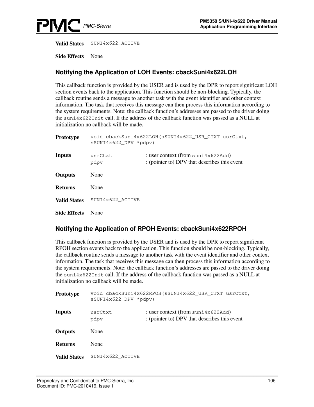 PMC-Sierra PM5358 S/UNI 4x622 manual Notifying the Application of LOH Events cbackSuni4x622LOH 