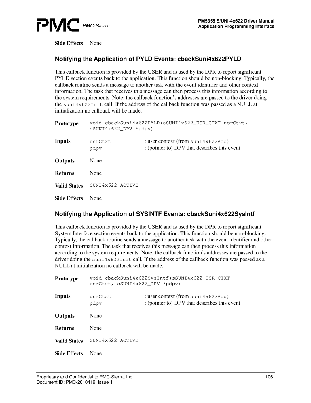 PMC-Sierra PM5358 S/UNI 4x622 manual Notifying the Application of Pyld Events cbackSuni4x622PYLD 