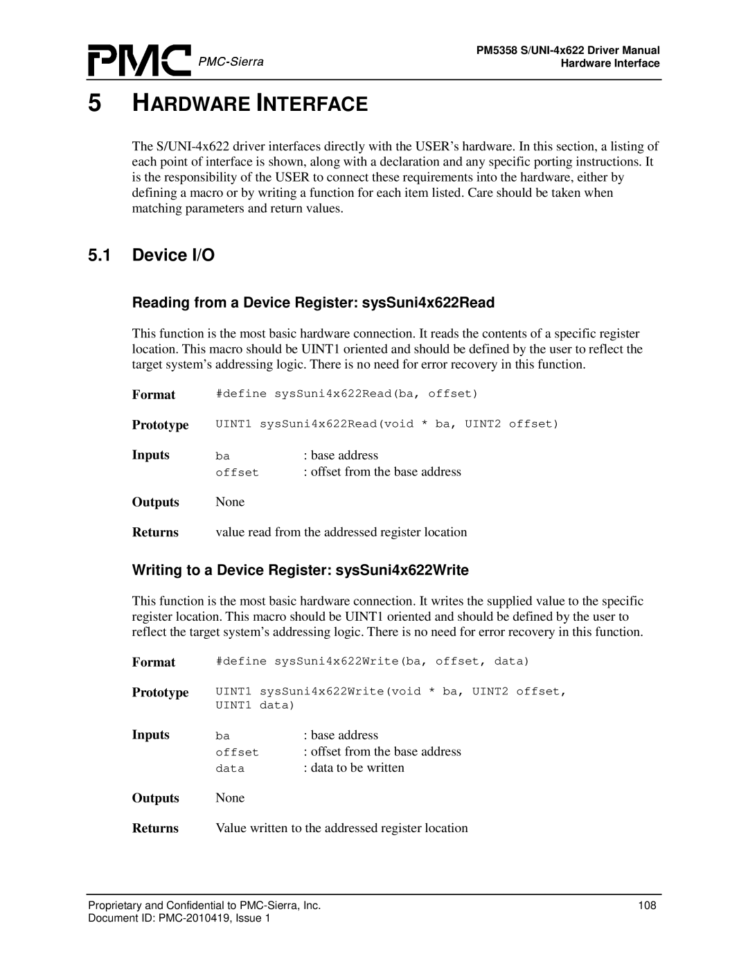 PMC-Sierra PM5358 S/UNI 4x622 manual Device I/O, Reading from a Device Register sysSuni4x622Read, Format 