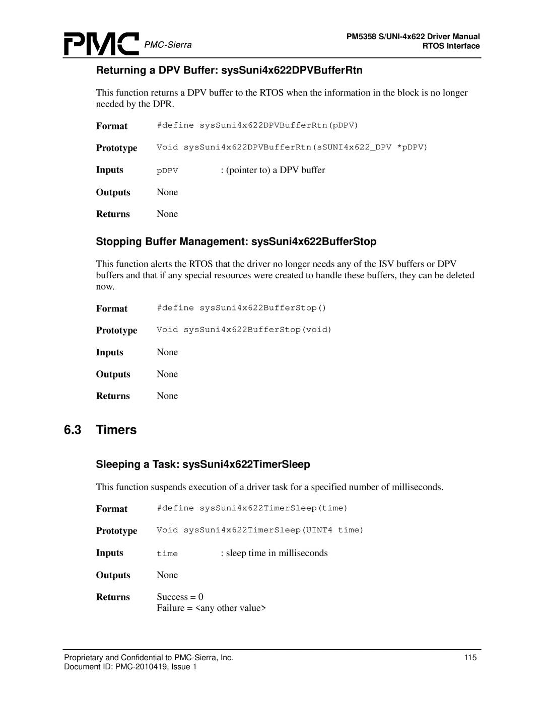 PMC-Sierra PM5358 S/UNI 4x622 manual Timers, Returning a DPV Buffer sysSuni4x622DPVBufferRtn 