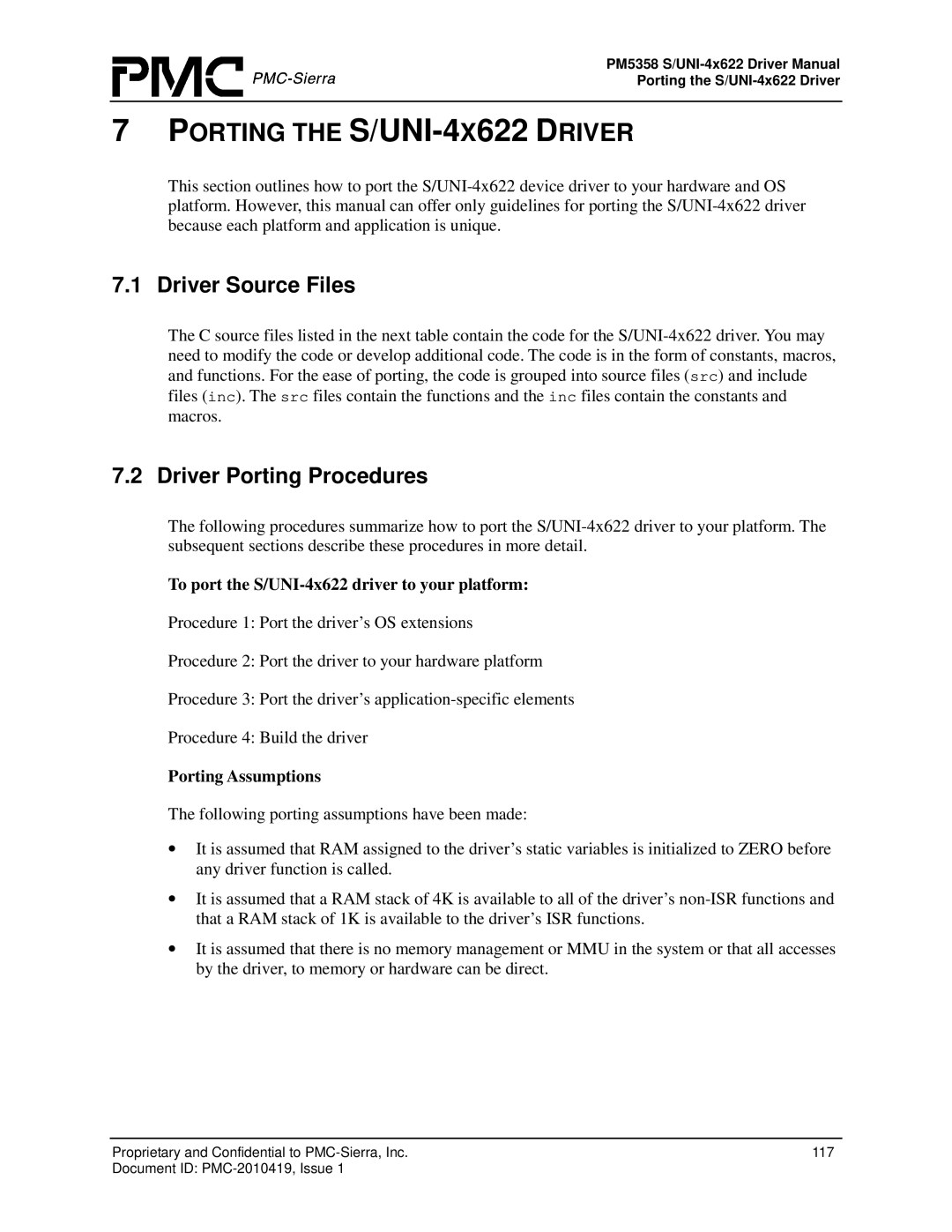 PMC-Sierra PM5358 S/UNI 4x622 manual Driver Source Files, Driver Porting Procedures, Porting Assumptions 