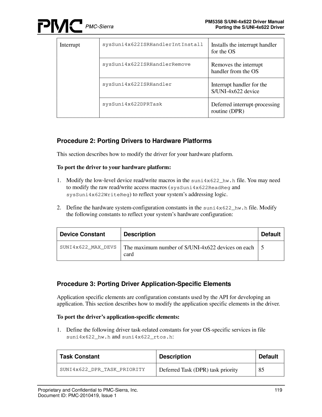 PMC-Sierra PM5358 S/UNI 4x622 manual Procedure 2 Porting Drivers to Hardware Platforms, Deferred Task DPR task priority 