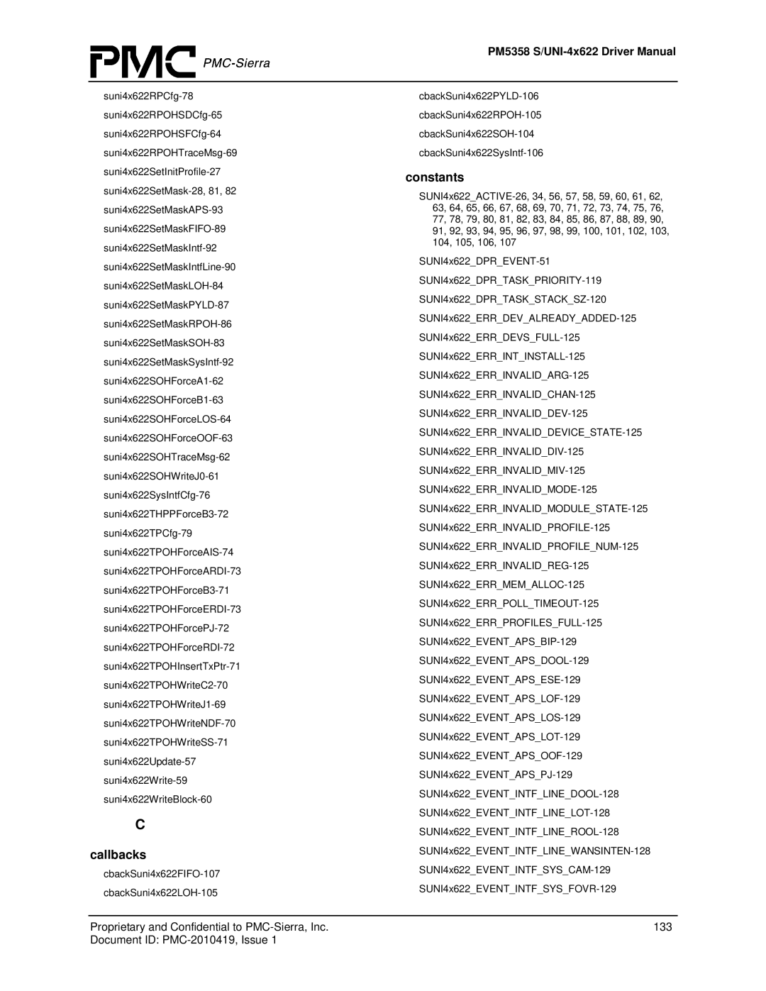 PMC-Sierra PM5358 S/UNI 4x622 manual Callbacks 