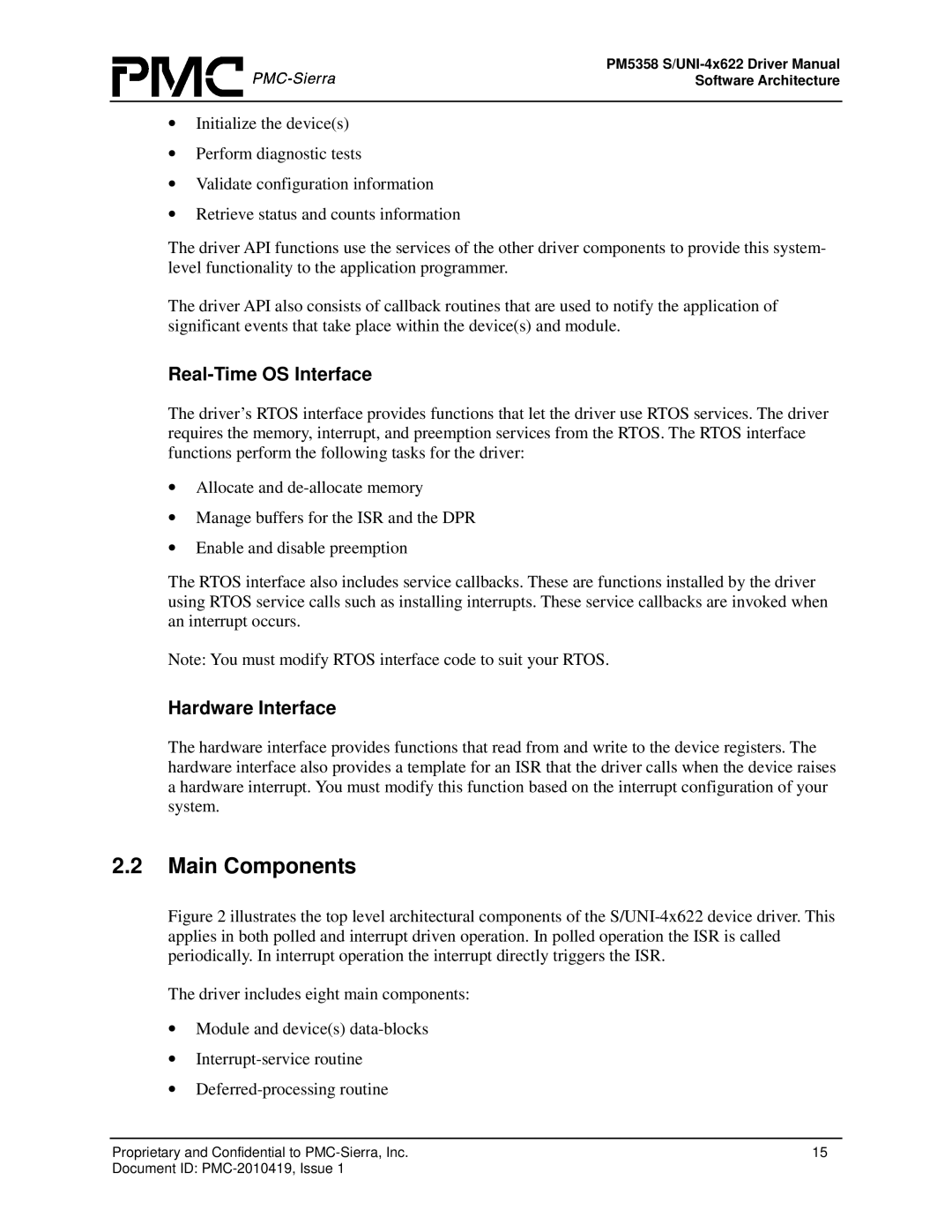 PMC-Sierra PM5358 S/UNI 4x622 manual Main Components, Real-Time OS Interface, Hardware Interface 