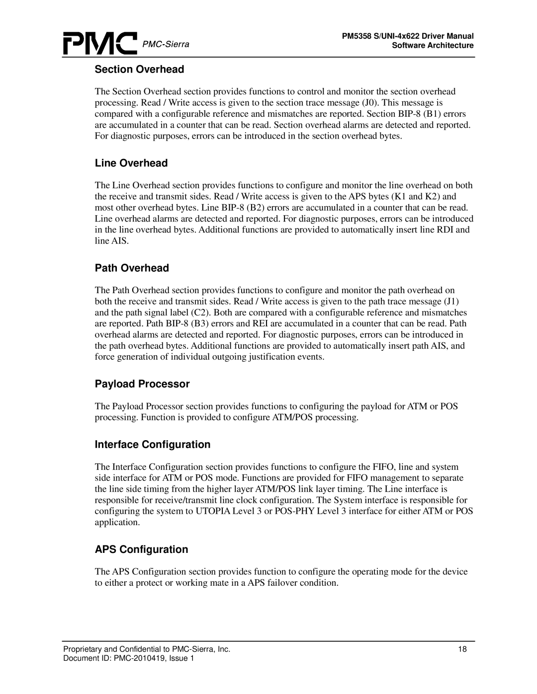 PMC-Sierra PM5358 S/UNI 4x622 Section Overhead, Line Overhead, Path Overhead, Payload Processor, Interface Configuration 