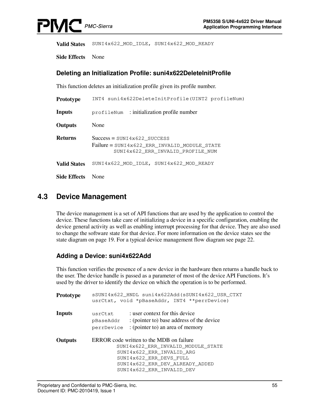 PMC-Sierra PM5358 S/UNI 4x622 manual Device Management, Adding a Device suni4x622Add, Side Effects None 