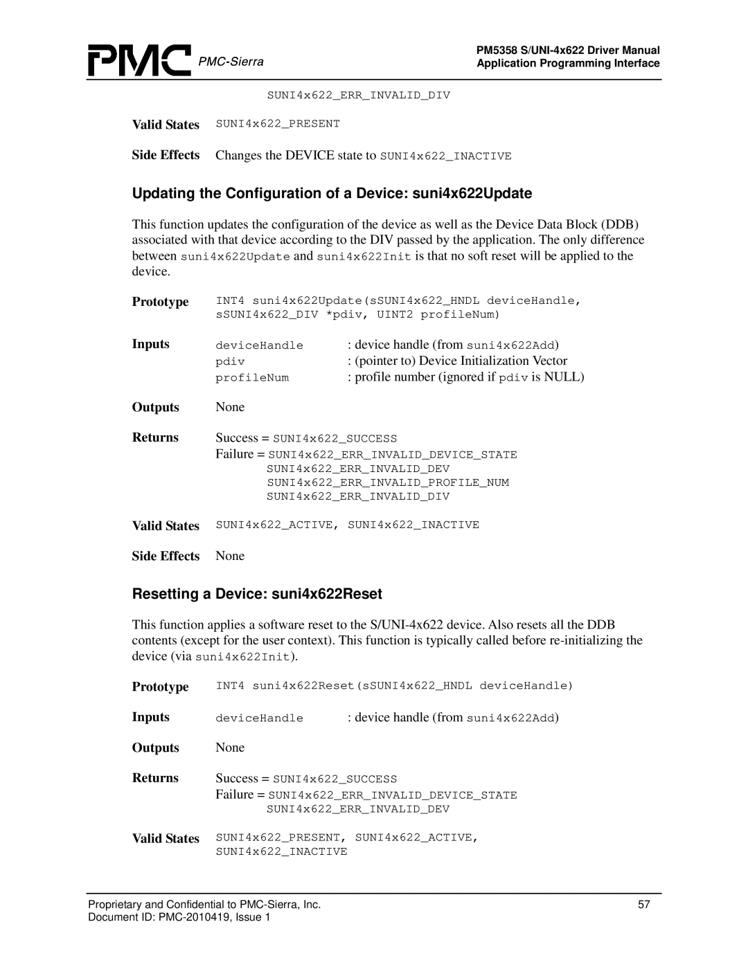 PMC-Sierra PM5358 S/UNI 4x622 Updating the Configuration of a Device suni4x622Update, Resetting a Device suni4x622Reset 