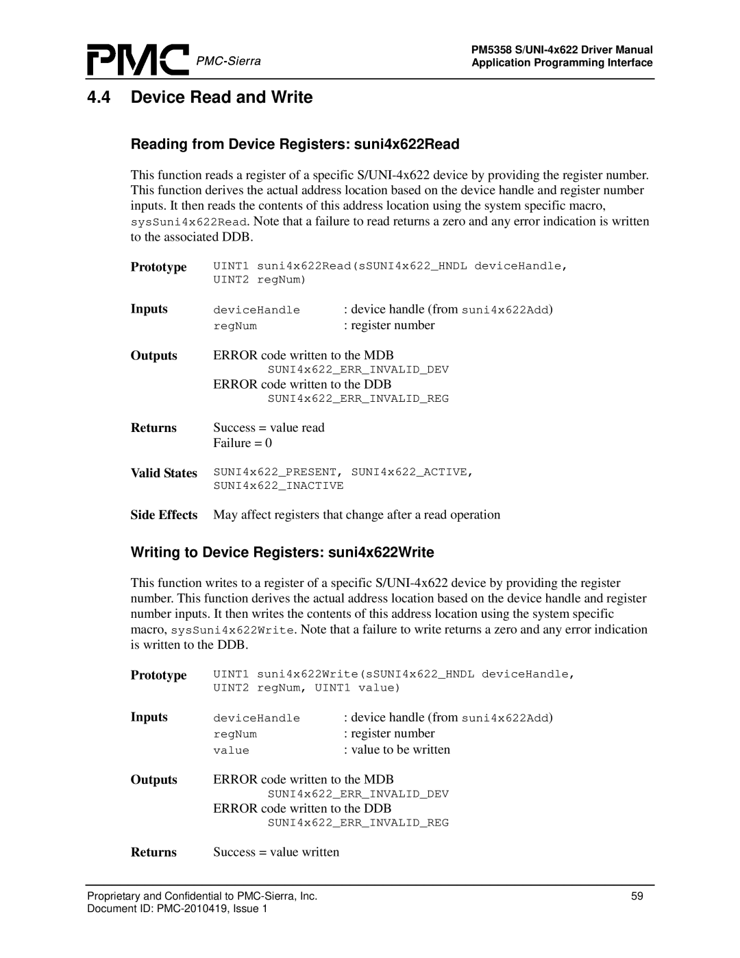 PMC-Sierra PM5358 S/UNI 4x622 manual Device Read and Write, Reading from Device Registers suni4x622Read 