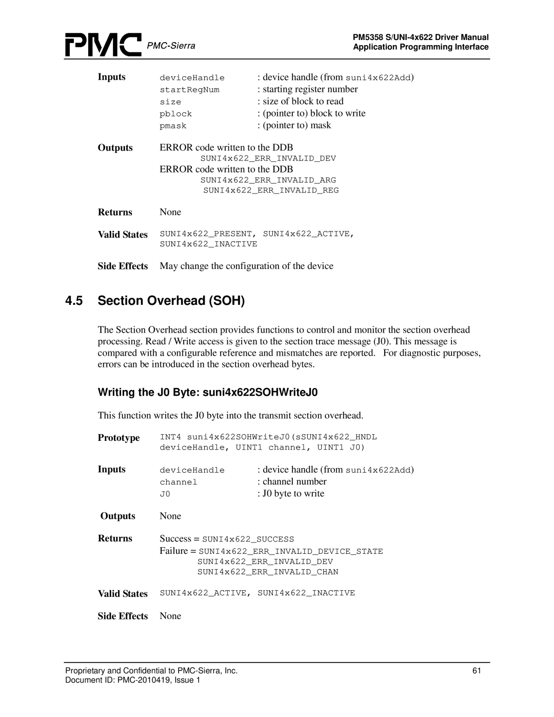 PMC-Sierra PM5358 S/UNI 4x622 manual Section Overhead SOH, Writing the J0 Byte suni4x622SOHWriteJ0 