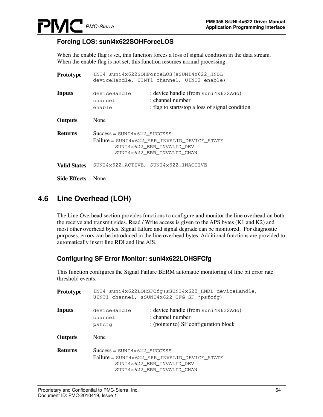 PMC-Sierra PM5358 S/UNI 4x622 manual Line Overhead LOH, Forcing LOS suni4x622SOHForceLOS, Pointer to SF configuration block 