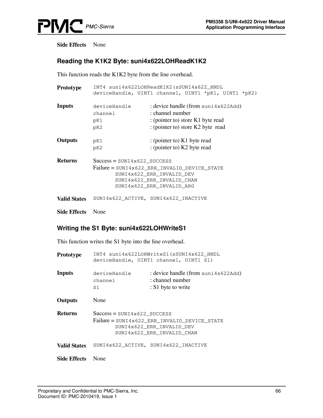 PMC-Sierra PM5358 S/UNI 4x622 manual Reading the K1K2 Byte suni4x622LOHReadK1K2, Writing the S1 Byte suni4x622LOHWriteS1 