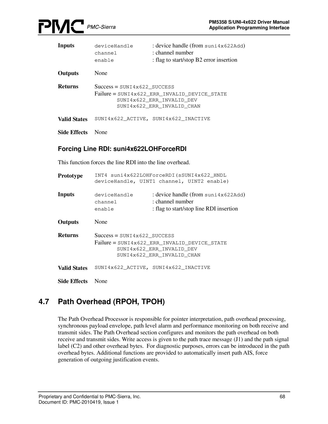 PMC-Sierra PM5358 S/UNI 4x622 manual Path Overhead RPOH, Tpoh, Forcing Line RDI suni4x622LOHForceRDI 