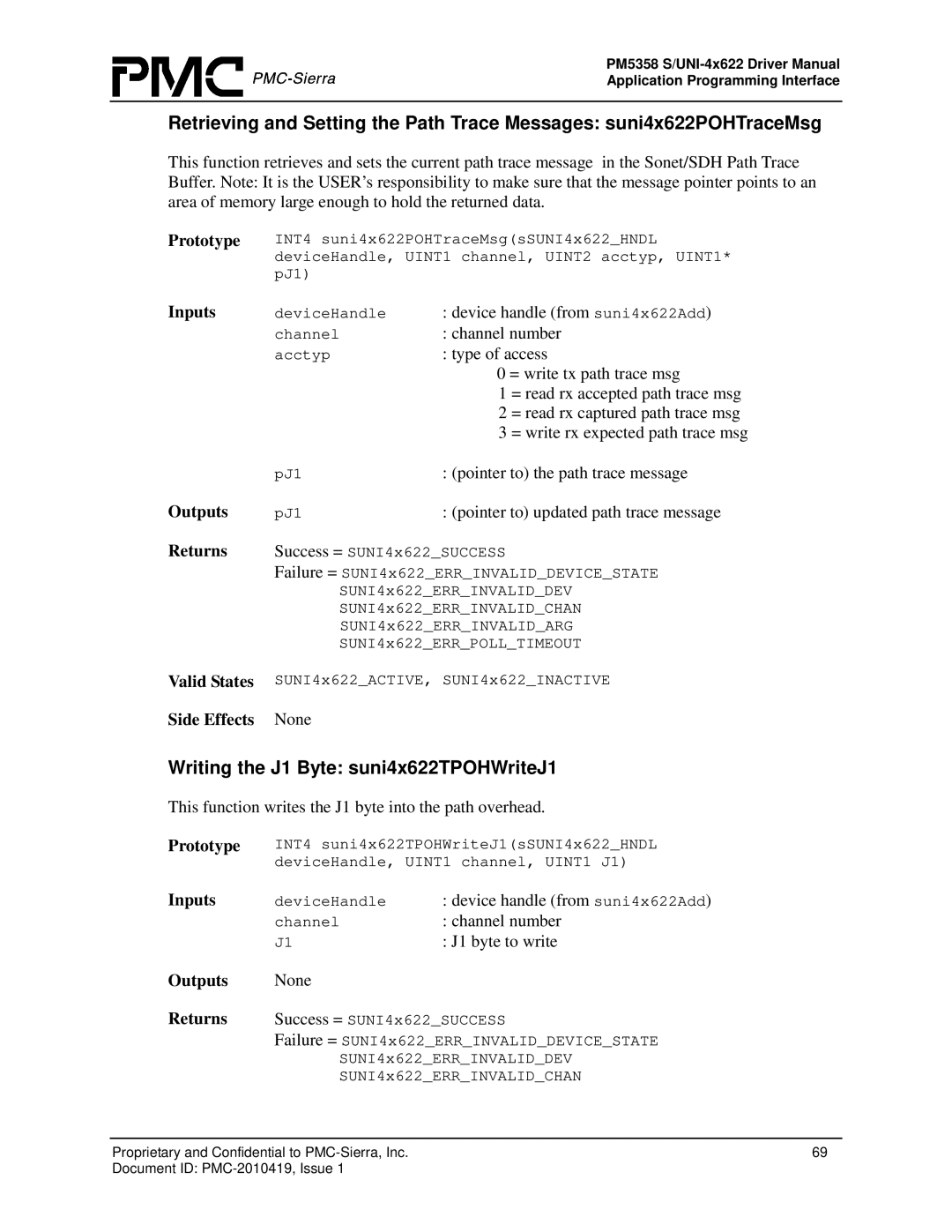 PMC-Sierra PM5358 S/UNI 4x622 manual Writing the J1 Byte suni4x622TPOHWriteJ1 