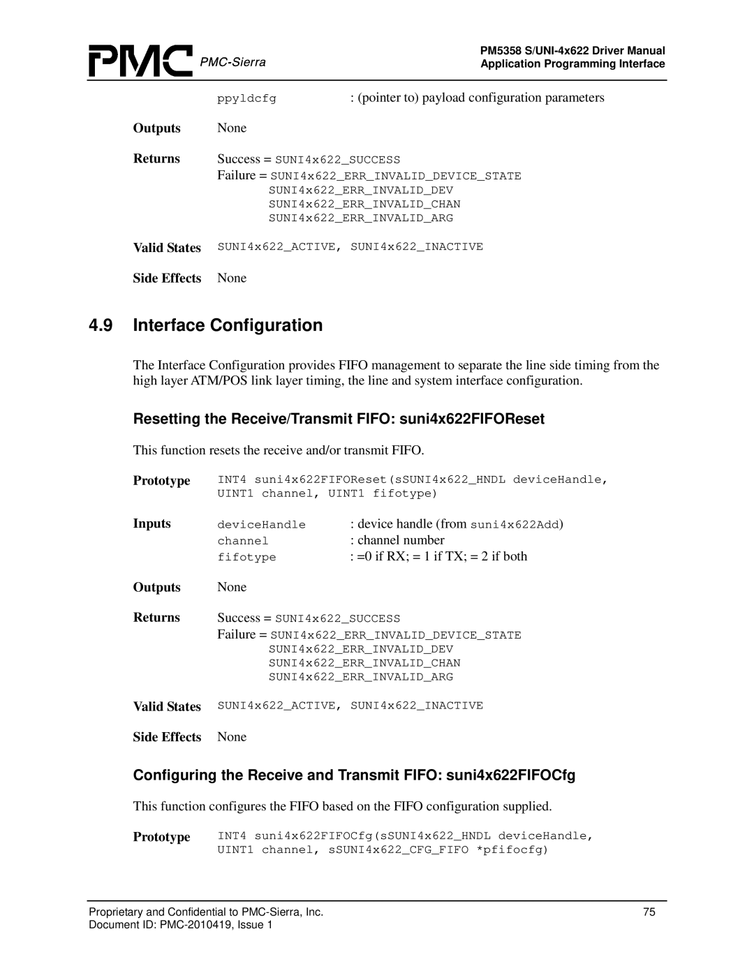 PMC-Sierra PM5358 S/UNI 4x622 manual Interface Configuration, Resetting the Receive/Transmit Fifo suni4x622FIFOReset 