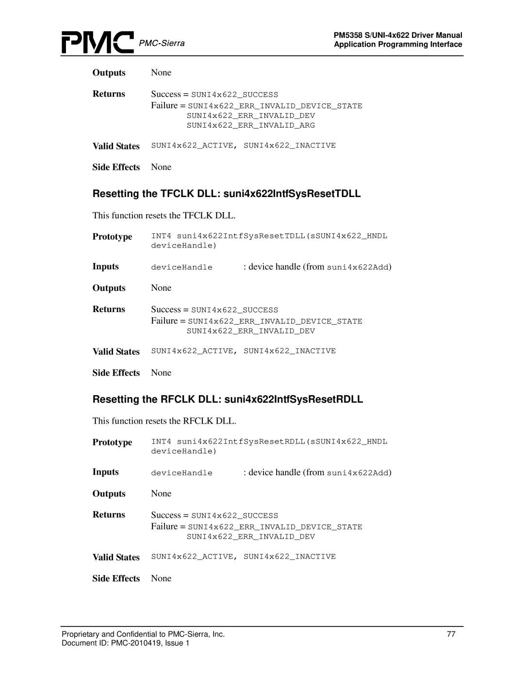 PMC-Sierra PM5358 S/UNI 4x622 manual Resetting the Tfclk DLL suni4x622IntfSysResetTDLL, This function resets the Tfclk DLL 