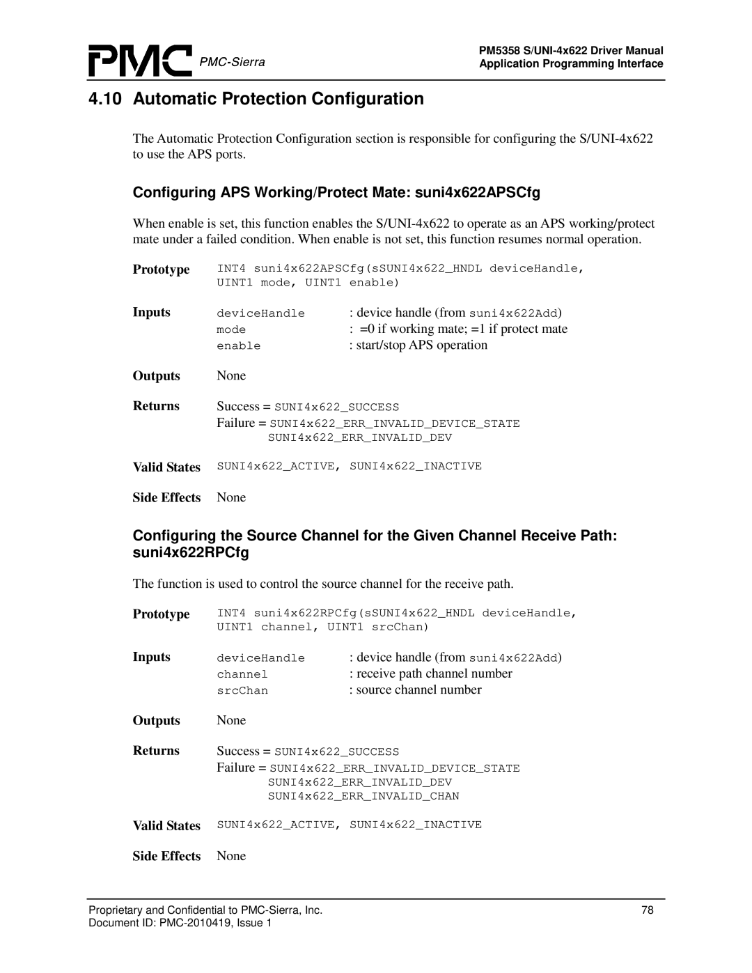 PMC-Sierra PM5358 S/UNI 4x622 Automatic Protection Configuration, Configuring APS Working/Protect Mate suni4x622APSCfg 