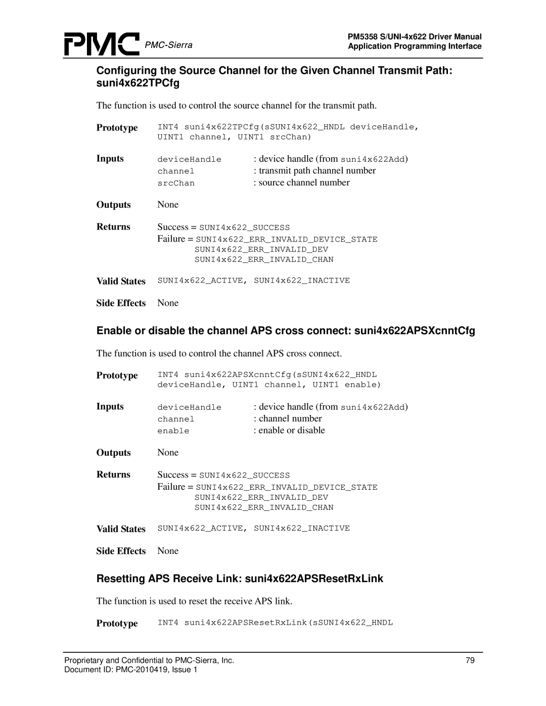 PMC-Sierra PM5358 S/UNI 4x622 manual Resetting APS Receive Link suni4x622APSResetRxLink, Transmit path channel number 