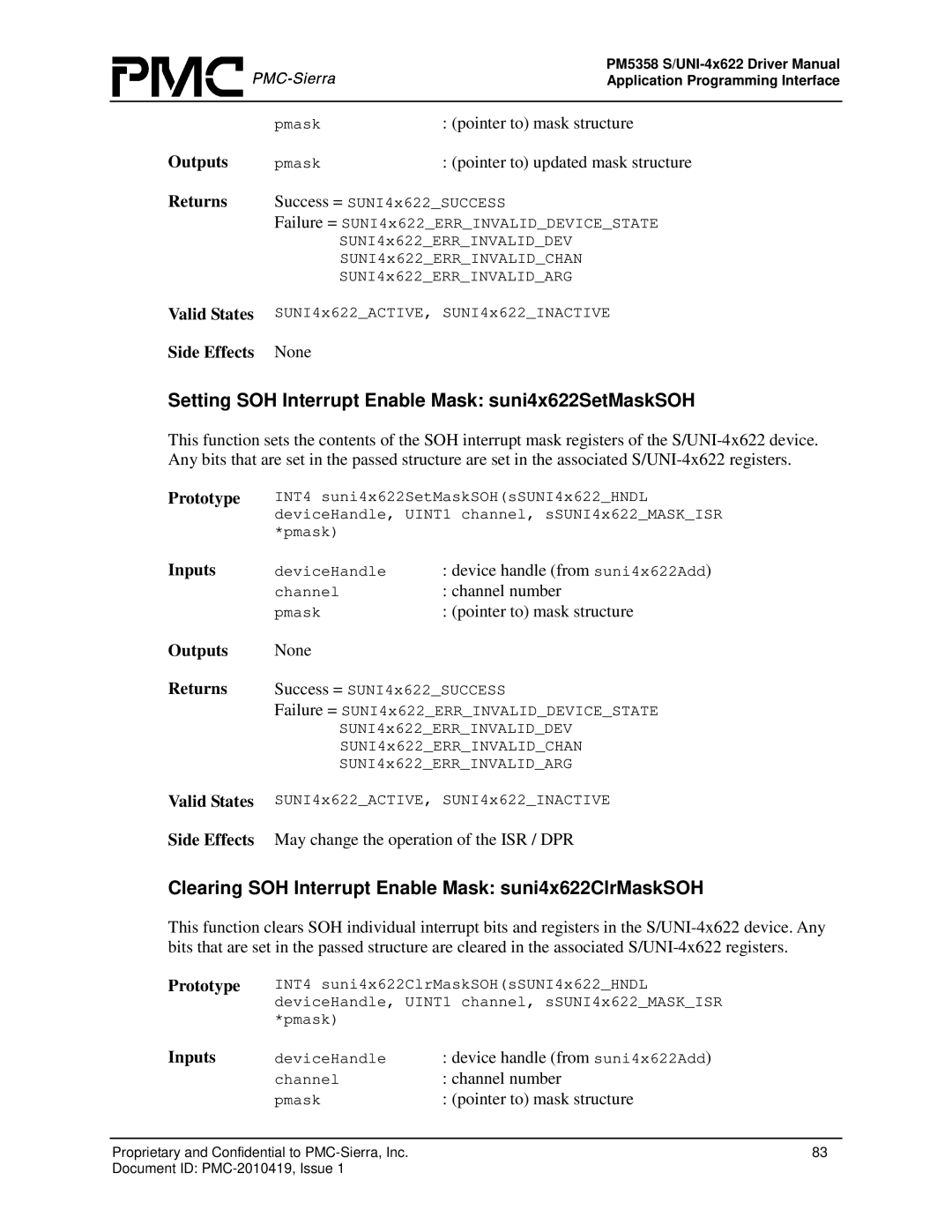 PMC-Sierra PM5358 S/UNI 4x622 manual Setting SOH Interrupt Enable Mask suni4x622SetMaskSOH 