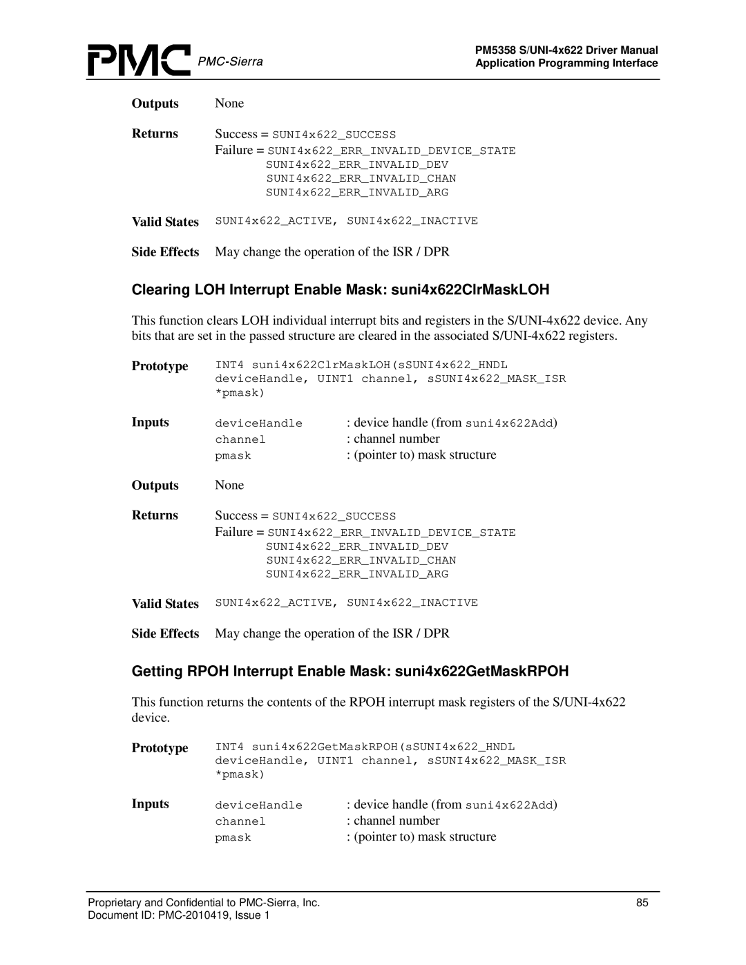 PMC-Sierra PM5358 S/UNI 4x622 manual Clearing LOH Interrupt Enable Mask suni4x622ClrMaskLOH 