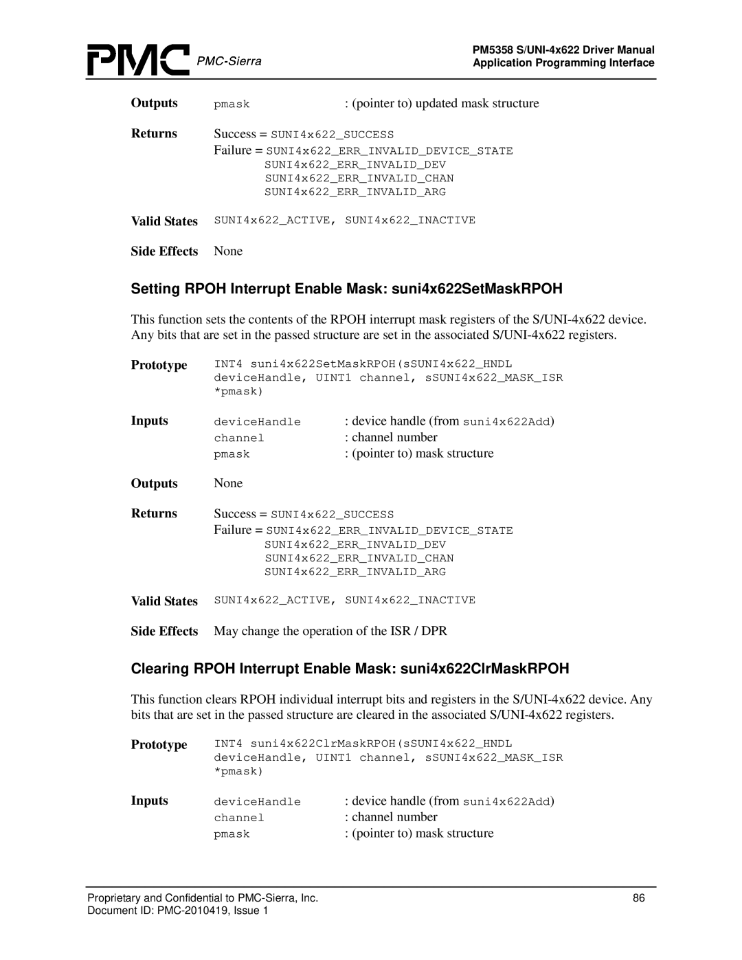 PMC-Sierra PM5358 S/UNI 4x622 manual Setting Rpoh Interrupt Enable Mask suni4x622SetMaskRPOH 