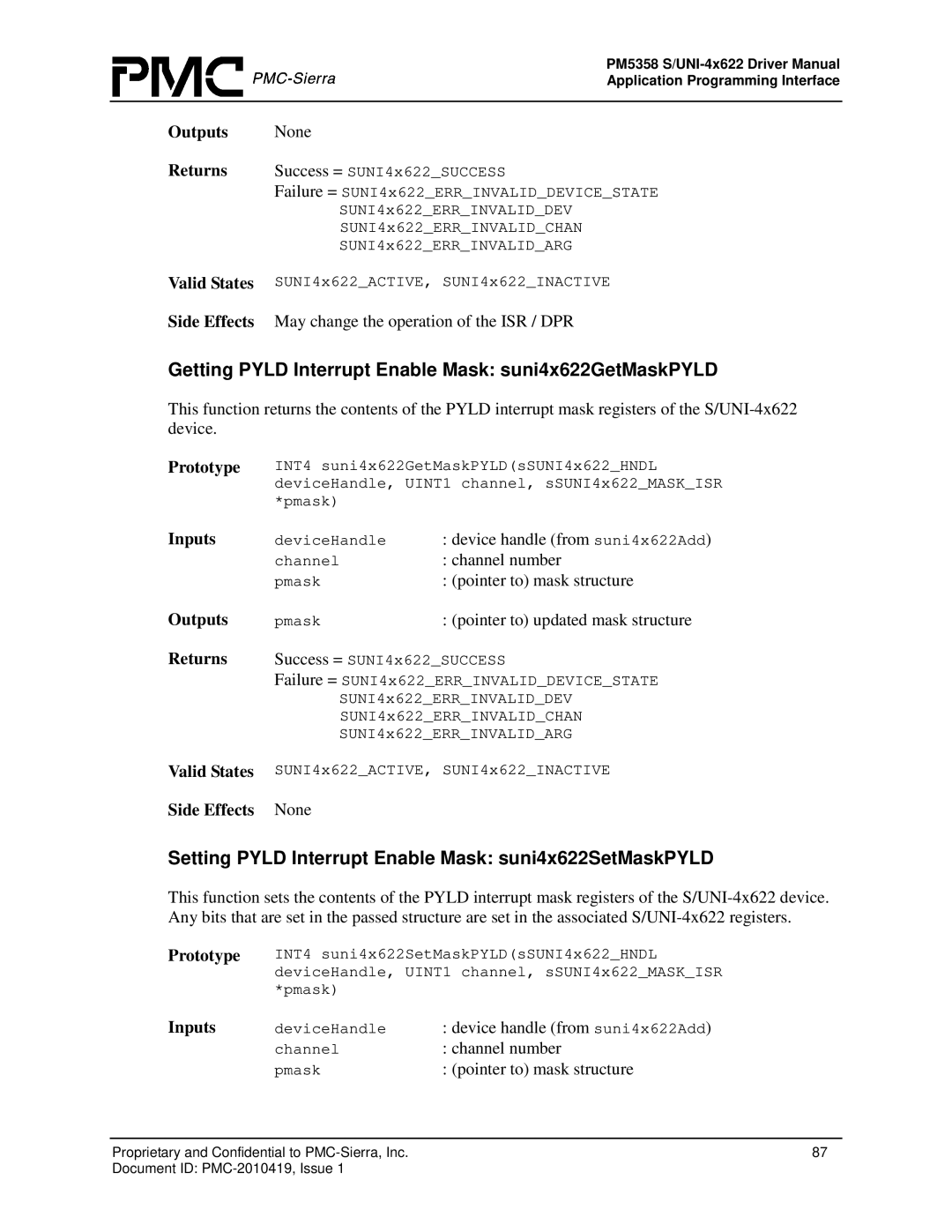 PMC-Sierra PM5358 S/UNI 4x622 manual Getting Pyld Interrupt Enable Mask suni4x622GetMaskPYLD 