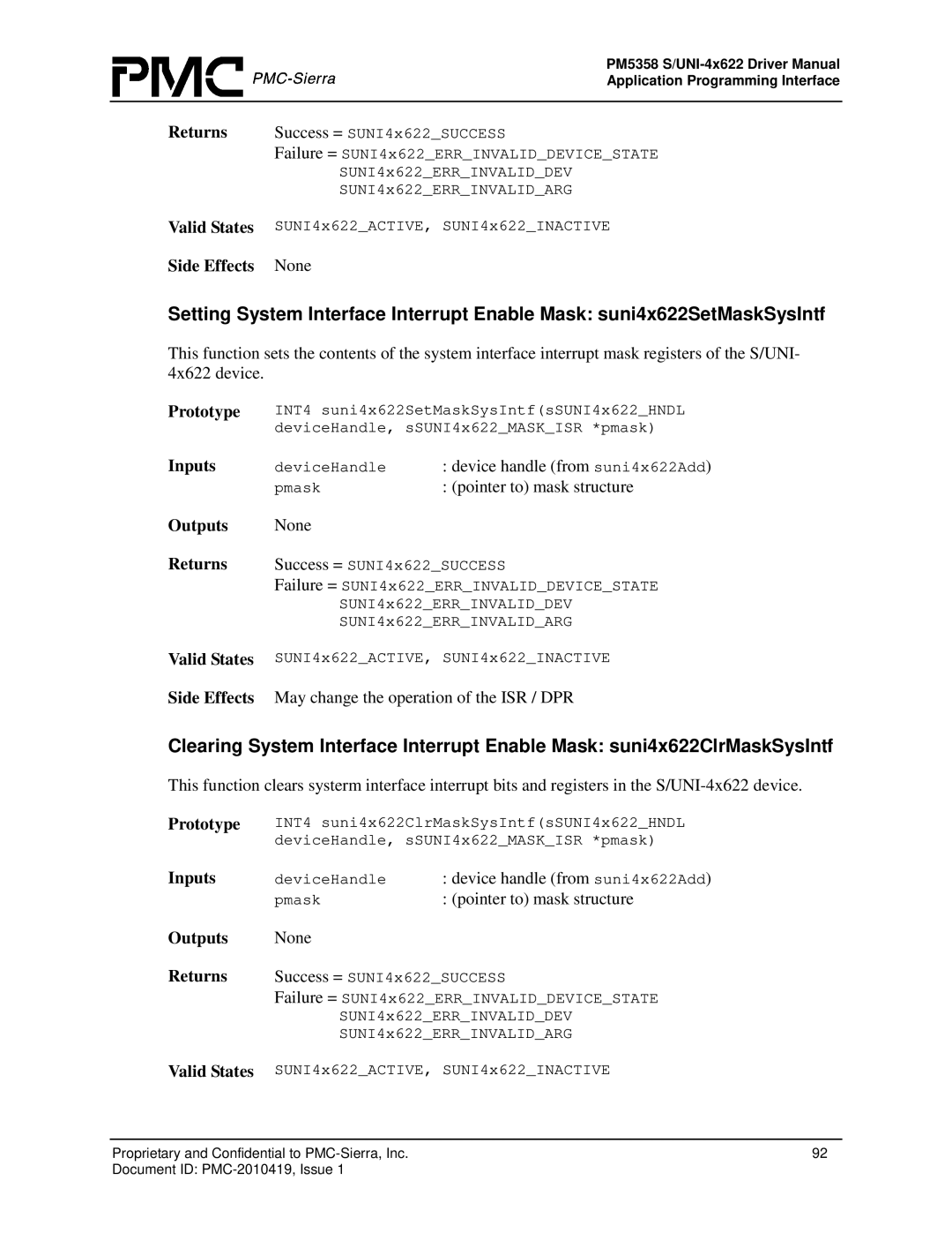 PMC-Sierra PM5358 S/UNI 4x622 manual Side Effects May change the operation of the ISR / DPR 